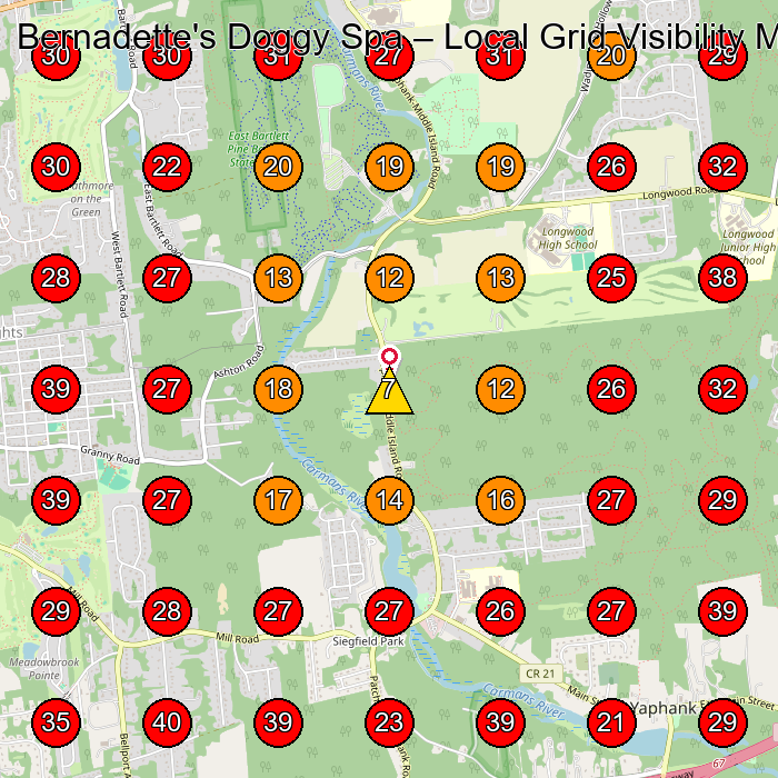 Bernadette's Doggy Spa GeoGrid visibility map for Pet Groomer in Mastic